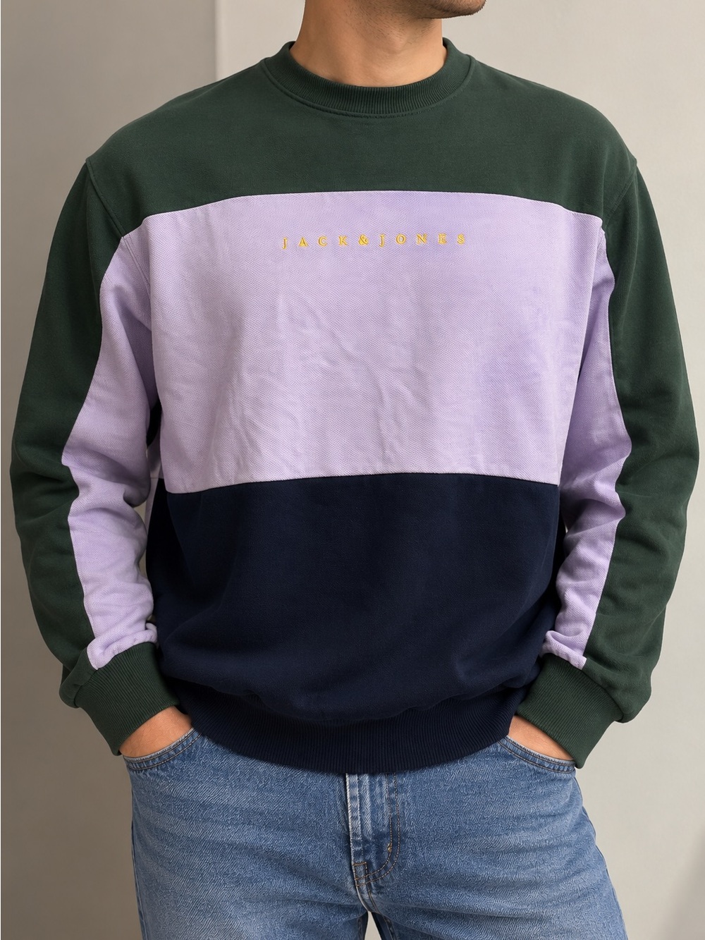 Jack & Jones Originals JORFRO Colourblock Crewneck Sweatshirt Green Purple Navy